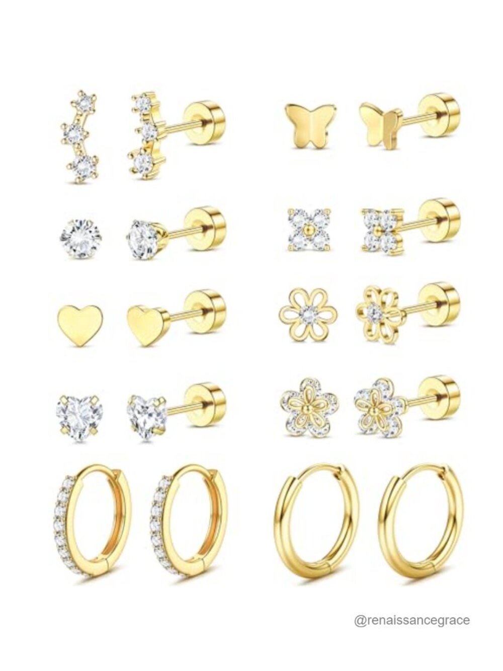 14K Gold Plated Flat Back Stud Earrings Set for Sensitive Ears Hypoallergenic